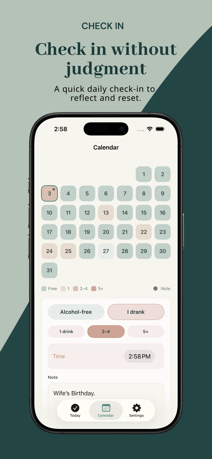 Calendar day check-in with alcohol-free and drink-level choices, time, and an optional note