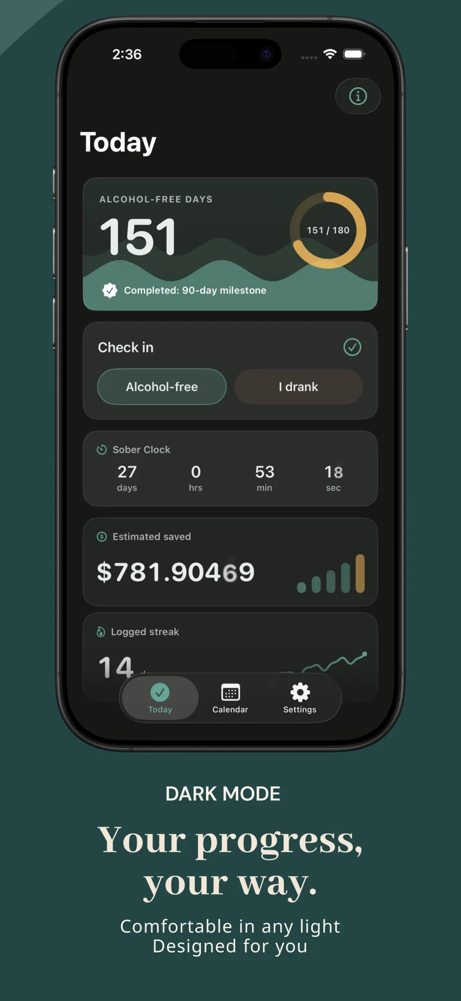 Alcohol Free Tracker Today dashboard in dark mode