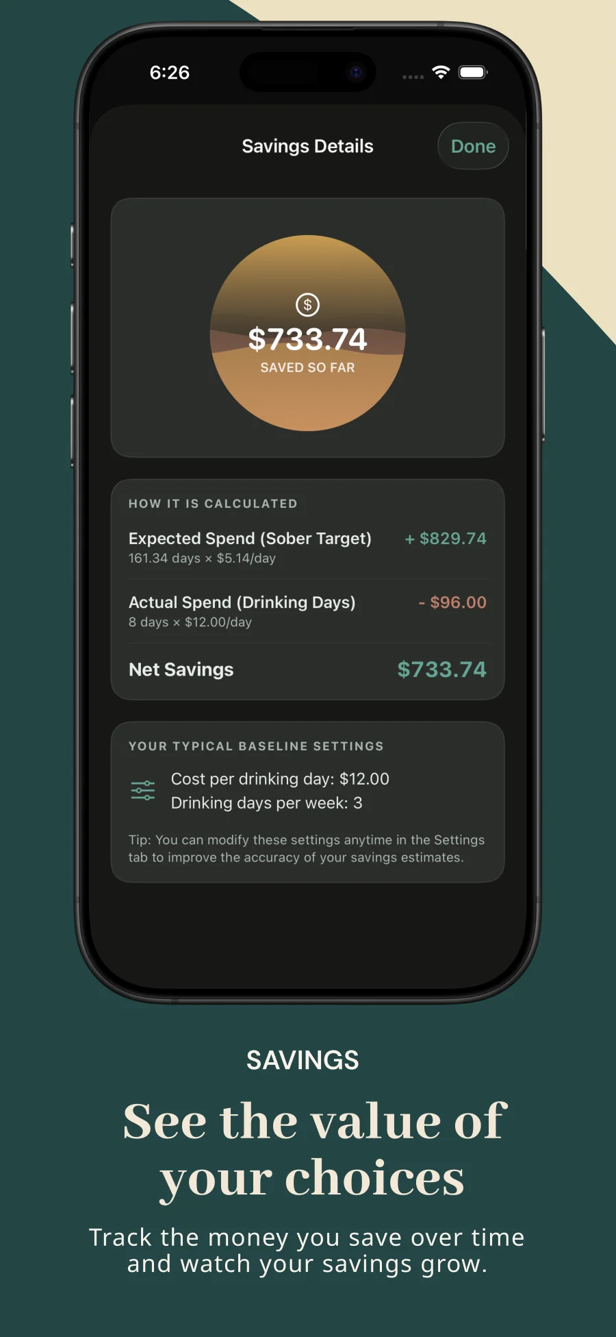 Savings details screen showing estimated cash and drink savings over time in dark mode