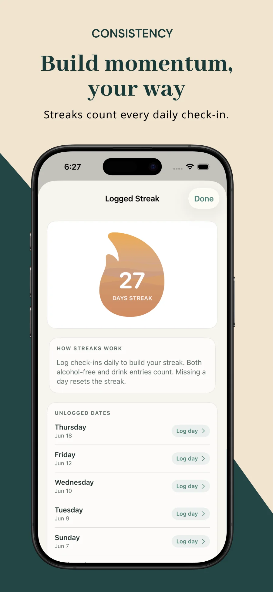Logged streak display illustrating consistency and reflection over perfection in light mode