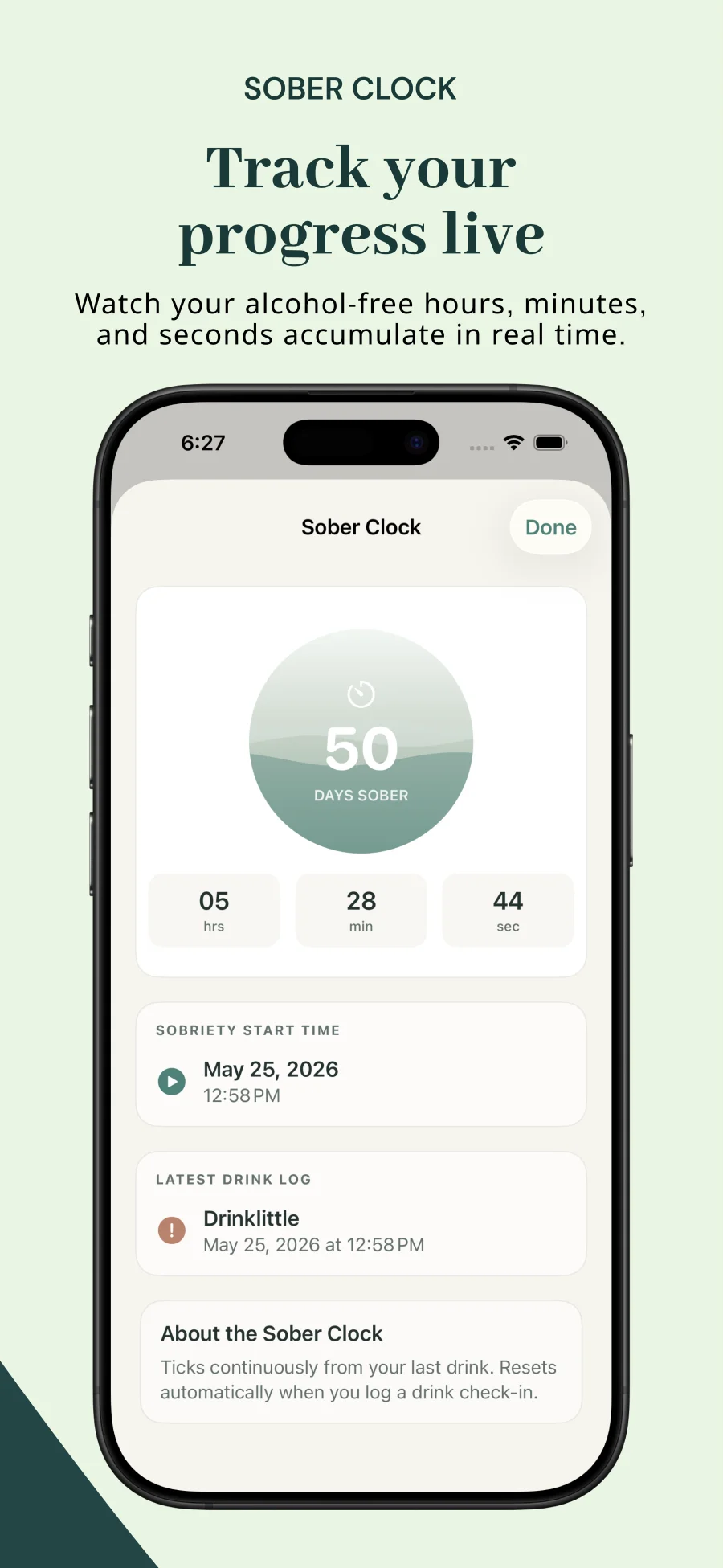 Sober clock showing real-time alcohol-free progress down to the second in light mode