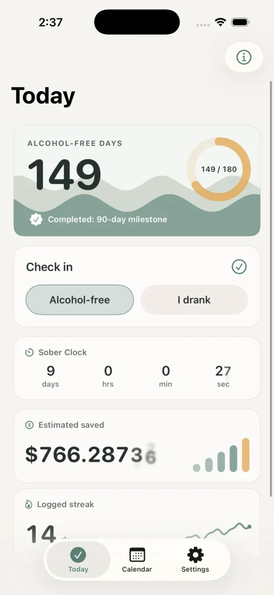 Alcohol Free Tracker Today screen showing 149 alcohol-free days, check-in controls, a sober clock, savings estimate, and logged streak