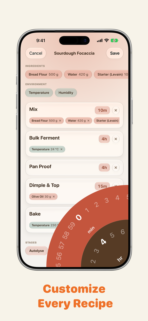 Custom sourdough recipe builder with rotary timer dial and baker's math