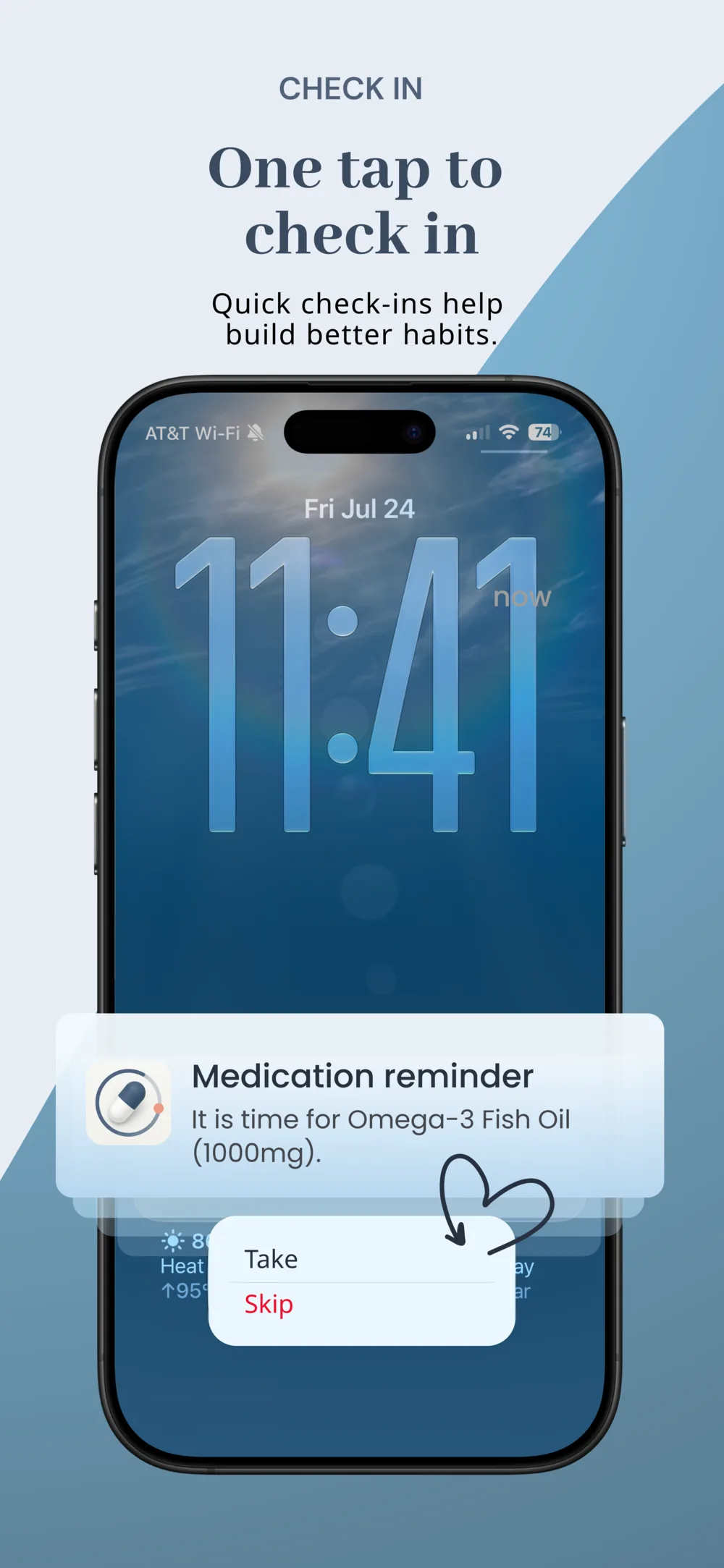 One tap to check in — a lock screen medication reminder for Omega-3 Fish Oil with Take and Skip actions